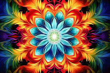 Mandala kaleidoscope digital art illustration, vibrant colors, geometric shapes and patterns