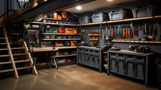The garage storage shelves are lined with neatly organized automotive tools and supplies.