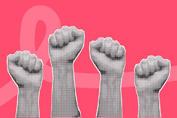 Halftone collage breast cancer awareness banner. Four raised hands, fists on a pink background, pink october.