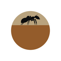 Circle with the silhouette of an ant inside.
