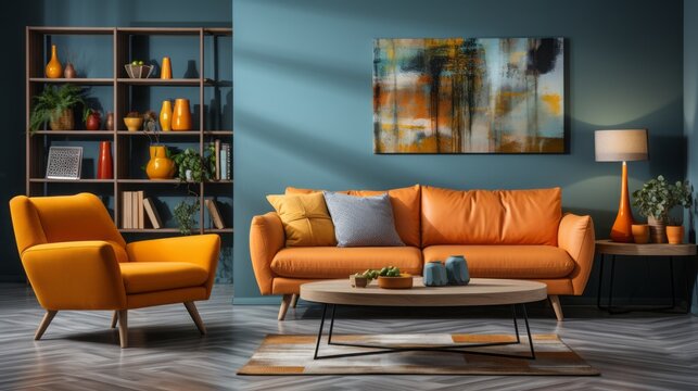 Comfortable Velvet Pastel Orange Couch In Elegant Blue Interior With Abstract Painting. Generative Ai. 