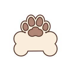 Big dog bone and dog paw print. Vector design template. Isolated on blank white background.