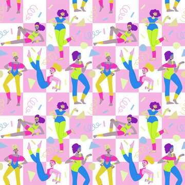 80-90s stylisation. Seamless pattern with women doing aerobics. Repeatable pattern with characters with retro sportswear