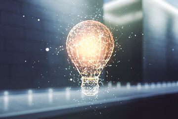 Abstract virtual light bulb illustration on blurry contemporary office building background, future...