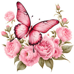 Pink Butterfly Peonies Illustration
