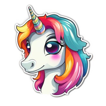 A sticker of a unicorn with a colorful mane. Digital art. Cute rainbow sticker.