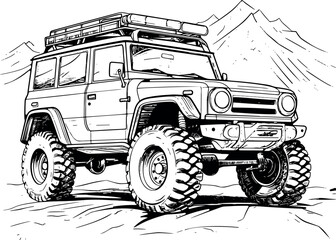 Hand-drawn vector illustration of a black and white off-road car, showcasing a classic and adventurous style. Generative AI