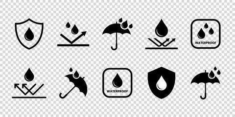 Waterproof sign symbols. Water resistant sign symbols for package. Vector elements