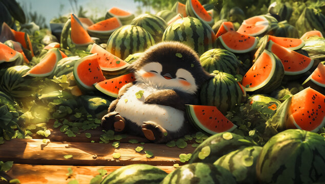 Cute Adorable Penguin Sleeping with a Cart Full of  Watermelons in Market, Generative AI 
