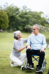 Senior couple together, happy moments, holding elderly wife husband hands feel with love and...