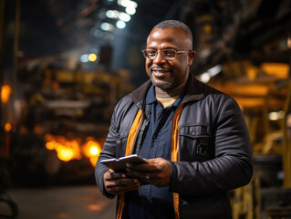 Wearing Safety Uniform and Hard Hat: Smiling African American Industrial Specialist Uses Tablet Computer. Professional Heavy Industry Engineer Worker in Metal Construction Manufacture.
