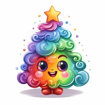 A colorful christmas tree with a star on top. Digital art. Cute rainbow sticker.