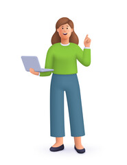 Young smiling woman standing, holding and using laptop computer . 
Computer technology concept. 3d vector people character illustration.
Cartoon minimal style.