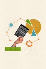 Vertical creative composite illustration photo collage of hand hold calculator counting big numbers...