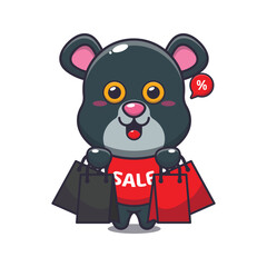 cute panther with shopping bag in black friday sale cartoon vector illustration