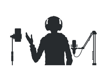 Internet blogger silhouette. Isolated portrait of a video streamer. A vlogger records a podcast on a smartphone. A young man makes a stream