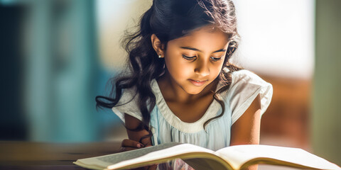 Captivating Indian girl immersed in a book, surrounded by nature's tranquility. A symbol of focus, education and freedom. - obrazy, fototapety, plakaty