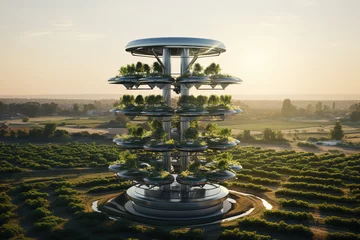 Gordijnen Agricultural landscapes and growth and harvesting of futuristic crops © Beastly