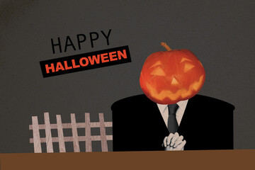 Collage 3d image of pinup pop retro sketch of mister gentleman pumpkin carved face smile witch...
