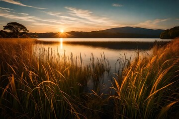 Grass on the shore of the lake at sunset. Abstract background