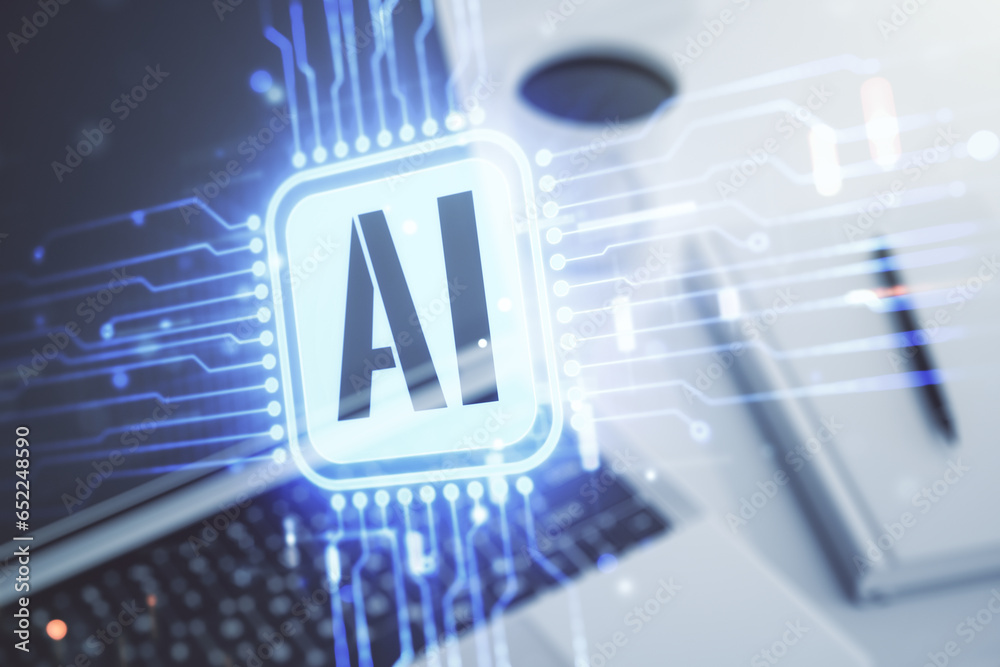 Poster double exposure of creative artificial intelligence icon with modern laptop on background. neural ne