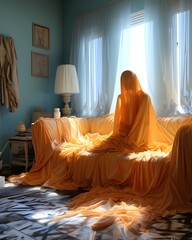 Ghost seating on sofa, Spooky Halloween, Saturated colors - obrazy, fototapety, plakaty