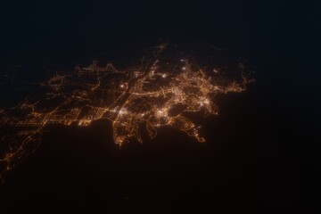 Aerial view on Busan (South Korea) from south. Satellite view on modern city at night - obrazy, fototapety, plakaty