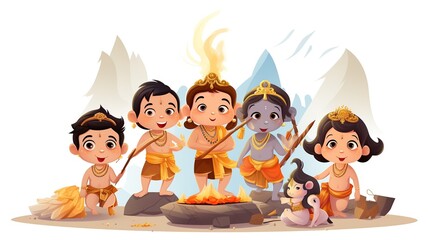Ramayana story cartoon characters isolated white background. AI generated image - obrazy, fototapety, plakaty