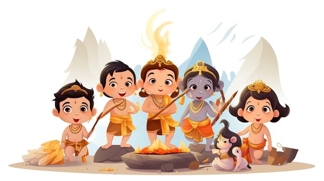 Ramayana story cartoon characters isolated white background. AI generated image