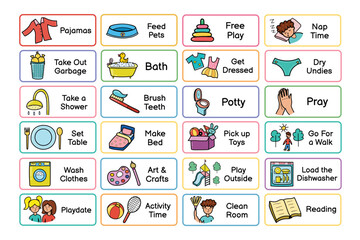 Kids daily routine chores collection. Responsibilities list for the chore chart. Morning and evening tasks set. Vector illustration - 652249322