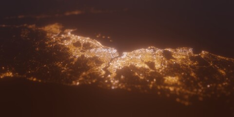 Street lights map of Istanbul (Turkey) with tilt-shift effect, view from north. Imitation of macro shot with blurred background. 3d render, selective focus