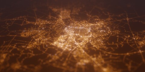 Street lights map of Gomel (Belarus) with tilt-shift effect, view from north. Imitation of macro shot with blurred background. 3d render, selective focus