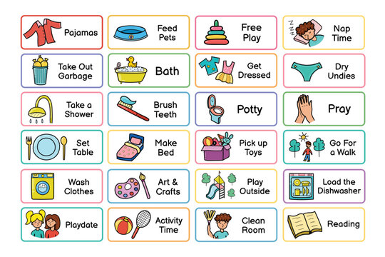 Kids daily routine chores collection. Responsibilities list for the chore chart. Morning and evening tasks set. Vector illustration
