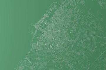 Stylized map of the streets of Benghazi (Libya) made with white lines on green background. Top view. 3d render, illustration
