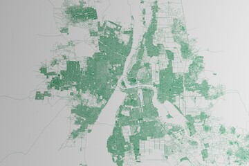 Map of the streets of Khartoum and Omdurman (Sudan) made with green lines on white paper. 3d render, illustration