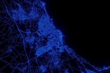 Street map of Sousse (Tunisia) made with blue illumination and glow effect. Top view on roads network - obrazy, fototapety, plakaty