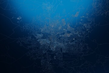 Street map of Lusaka (Zambia) engraved on blue metal background. View with light coming from top. 3d render, illustration - obrazy, fototapety, plakaty