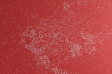 Map of the streets of Harare (Zimbabwe) made with white lines on red paper. Top view, rough background. 3d render, illustration