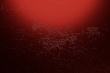 Street map of Herat (Afghanistan) engraved on red metal background. Light is coming from top. 3d render, illustration - obrazy, fototapety, plakaty