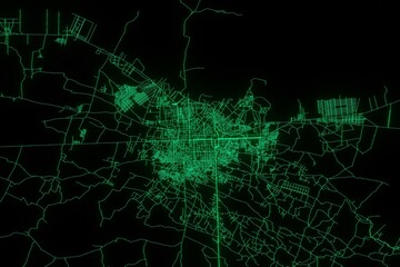Map of the streets of Herat (Afghanistan) made with green illumination and glow effect. Top view on roads network. 3d render, illustration