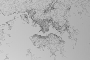 Map of the streets of Hong Kong made with black lines on grey paper. Top view. 3d render, illustration