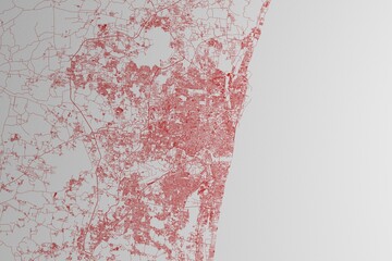 Map of the streets of Chennai (India) made with red lines on white paper. 3d render, illustration - obrazy, fototapety, plakaty