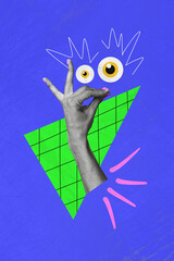Vertical colage picture of black white colors arm fingers demonstrate italian gourmet gesture painted eyeballs isolated on paper blue background