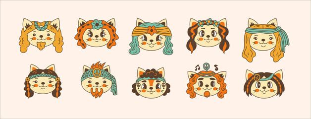 Hippie cat head collection. 60s 70s classic cartoon style animal character face. Pet avatar vector illustration set retro fashion design