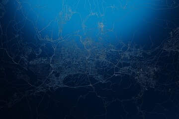 Street map of Daegu (South Korea) engraved on blue metal background. View with light coming from top. 3d render, illustration - obrazy, fototapety, plakaty