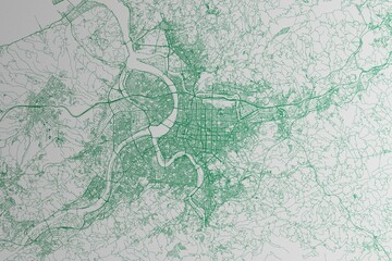 Map of the streets of Taipei (Taiwan) made with green lines on white paper. 3d render, illustration