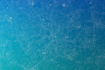 Map of the streets of Bochum (Germany) made with white lines on greenish blue gradient background. 3d render, illustration