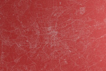Map of the streets of Dortmund (Germany) made with white lines on red paper. Top view, rough background. 3d render, illustration