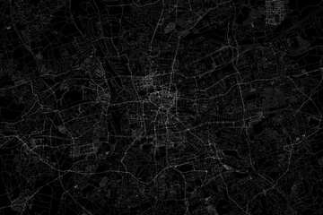 Stylized map of the streets of Dortmund (Germany) made with white lines on black background. Top view. 3d render, illustration