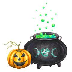 magic witch's cauldron painted in Halloween watercolor